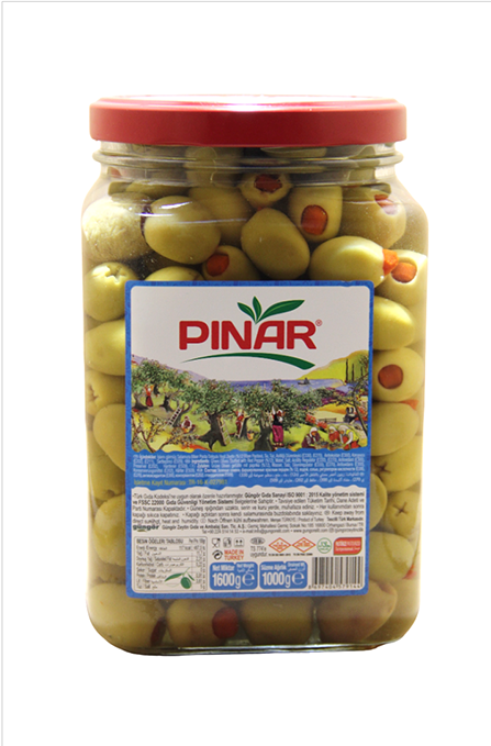 PINAR 1600 cc CAM 201-260 BİBER PASTA DOLGULU YEŞİL ZEYTİN 1000 GR 6 ADET